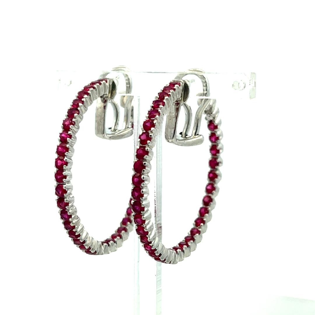 Vintage 18K WG Hoop Earrings with 2 Carat Round Shaped Rubies 14.8 Grams