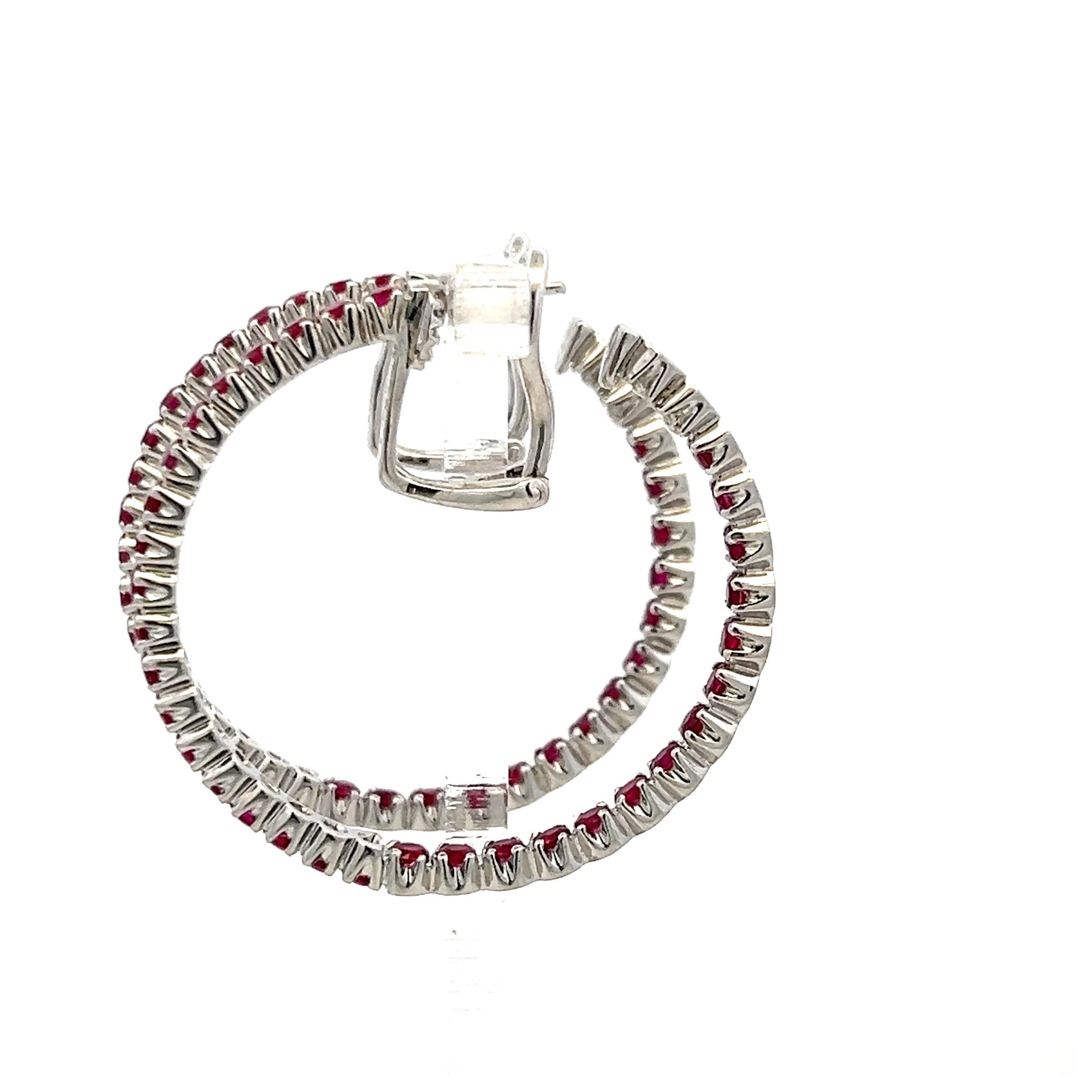 Vintage 18K WG Hoop Earrings with 2 Carat Round Shaped Rubies 14.8 Grams