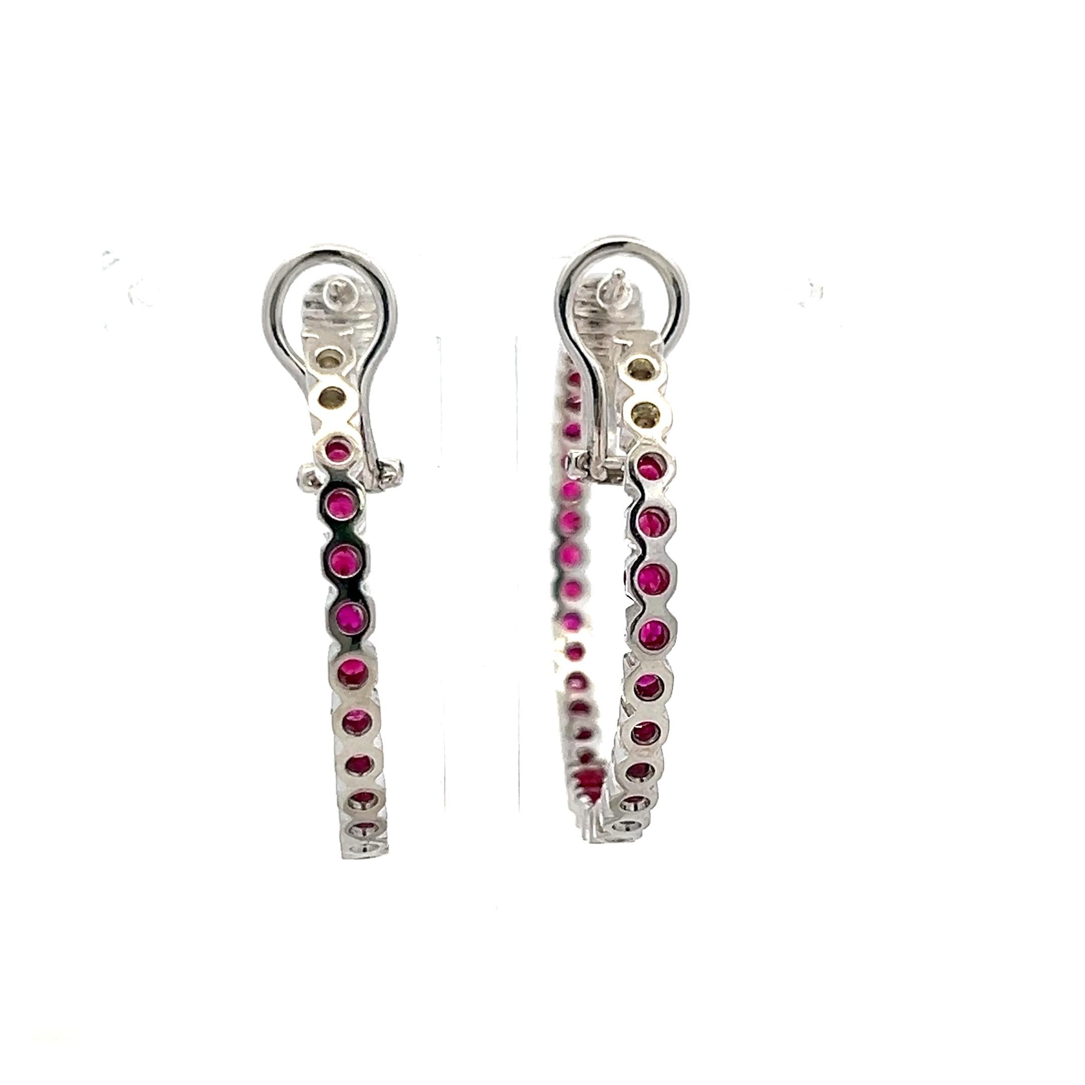 Vintage 18K WG Hoop Earrings with 2 Carat Round Shaped Rubies 14.8 Grams