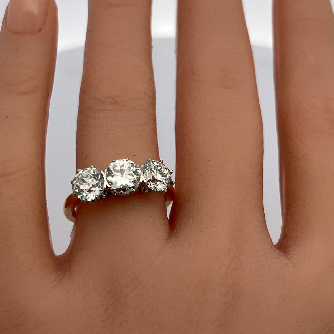 18K Two Tone Gold Three-Stone Ring 3.02 Ct Circular & Old European Diamonds GIA