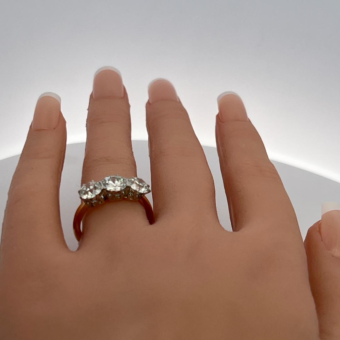 18K Two Tone Gold Three-Stone Ring 3.02 Ct Circular & Old European Diamonds GIA