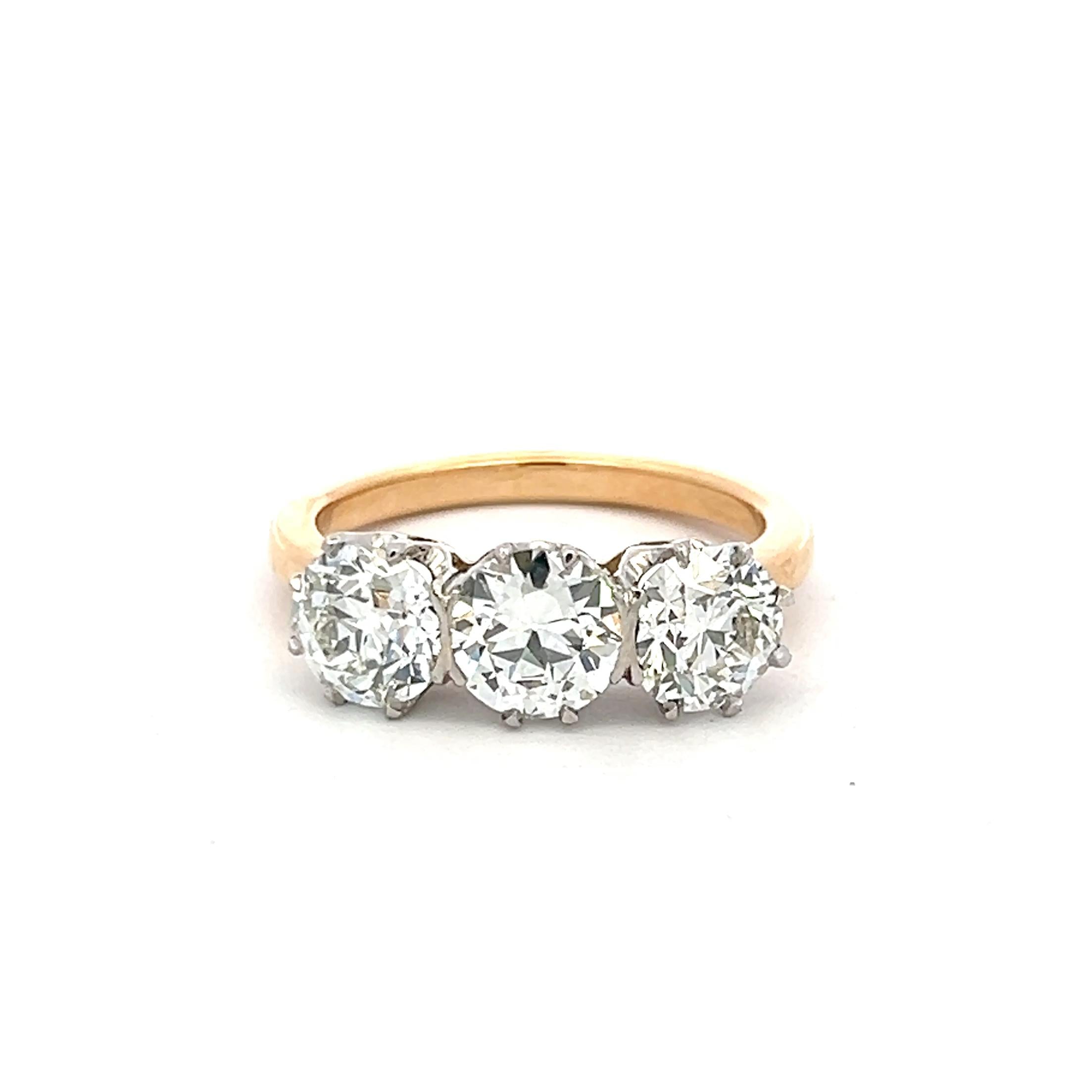 18K Two Tone Gold Three-Stone Ring 3.02 Ct Circular & Old European Diamonds GIA