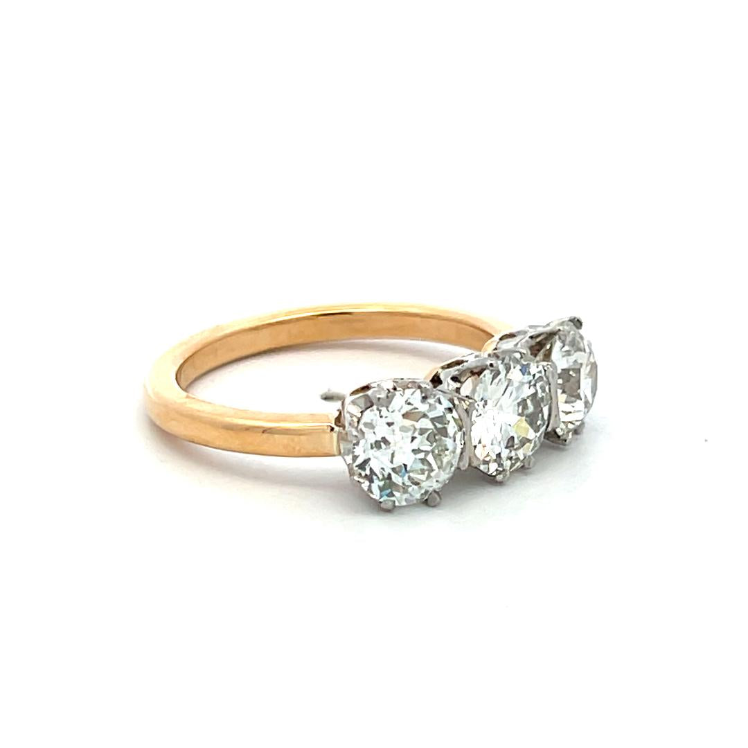 18K Two Tone Gold Three-Stone Ring 3.02 Ct Circular & Old European Diamonds GIA