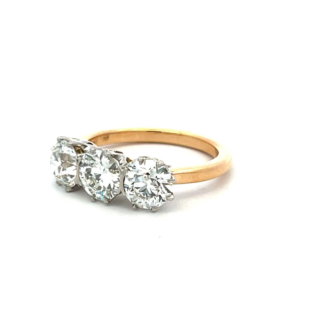 18K Two Tone Gold Three-Stone Ring 3.02 Ct Circular & Old European Diamonds GIA