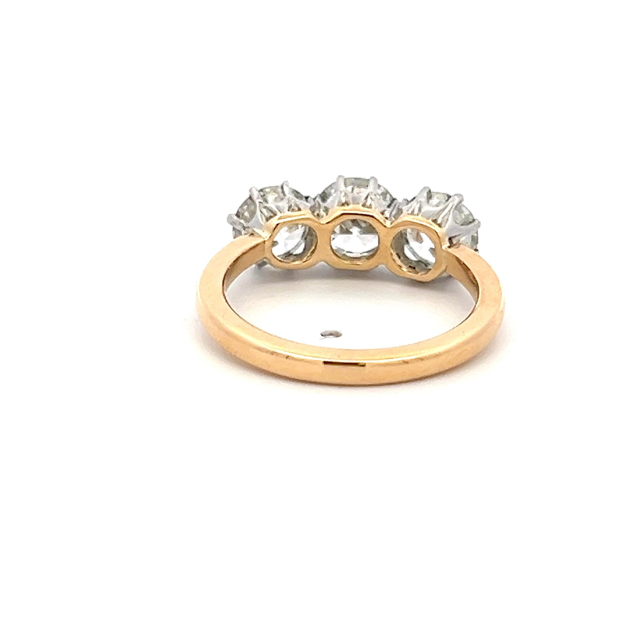 18K Two Tone Gold Three-Stone Ring 3.02 Ct Circular & Old European Diamonds GIA