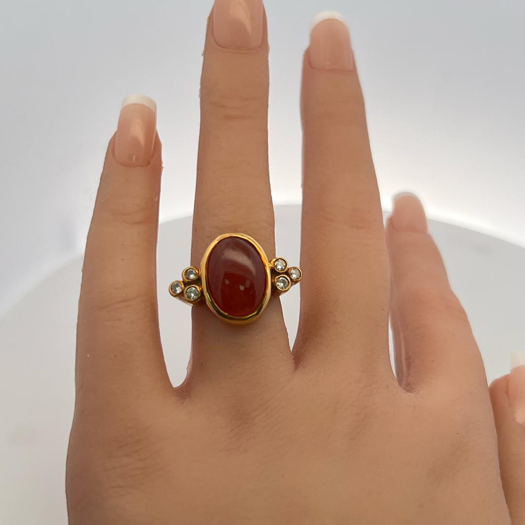 18K YG Cocktail Ring with 0.3 Ct Round Diamonds & 14.4-9.6mm Fire Opal Size 6.25