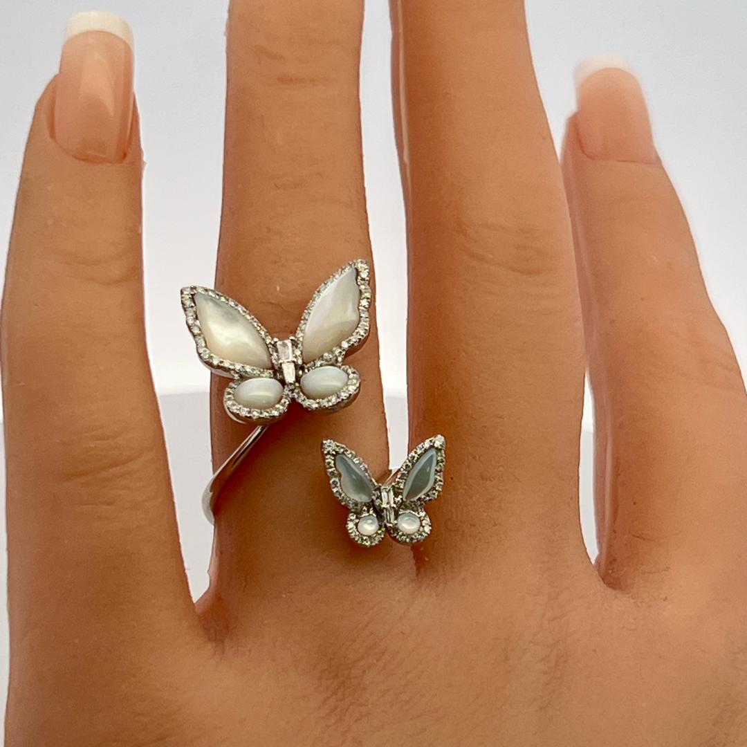 18K WG Butterfly Cocktail Ring 0.53ct Round & Tapered Baguette Diamonds Size 7