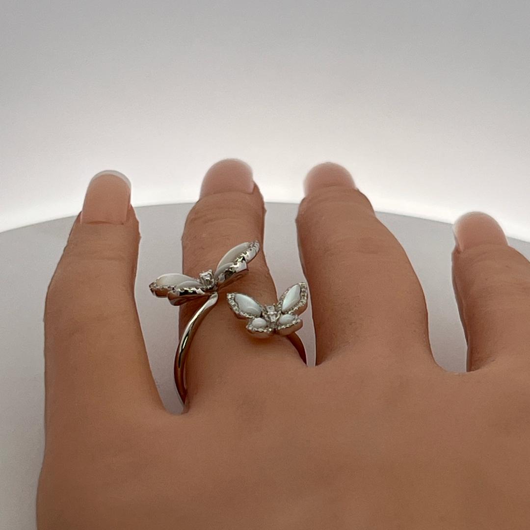 18K WG Butterfly Cocktail Ring 0.53ct Round & Tapered Baguette Diamonds Size 7