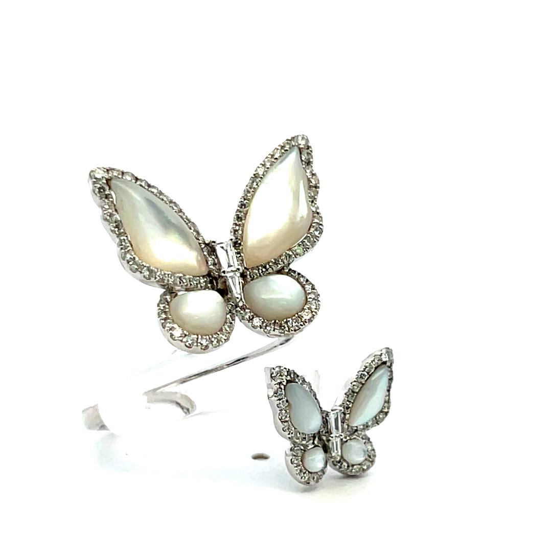 18K WG Butterfly Cocktail Ring 0.53ct Round & Tapered Baguette Diamonds Size 7