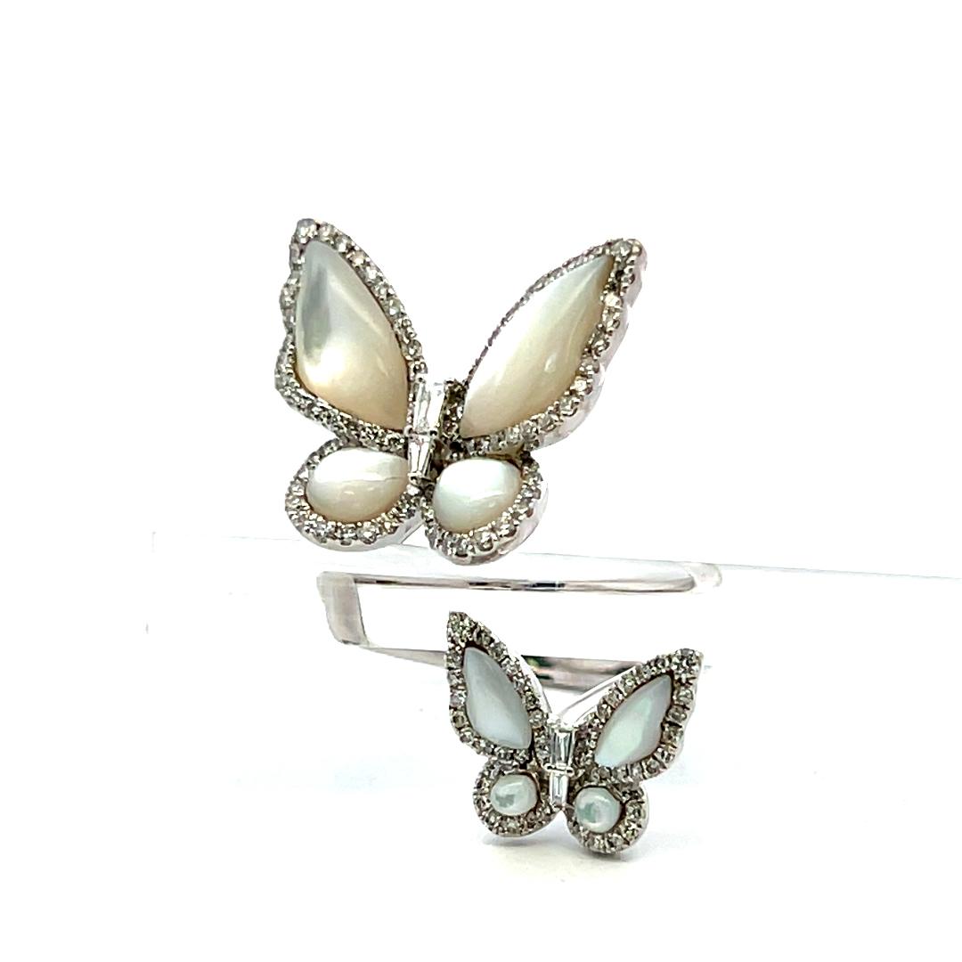 18K WG Butterfly Cocktail Ring 0.53ct Round & Tapered Baguette Diamonds Size 7