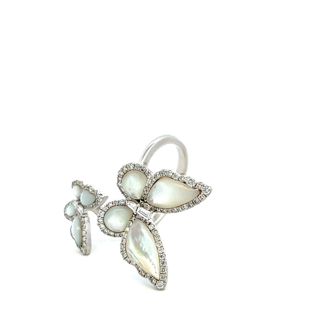 18K WG Butterfly Cocktail Ring 0.53ct Round & Tapered Baguette Diamonds Size 7