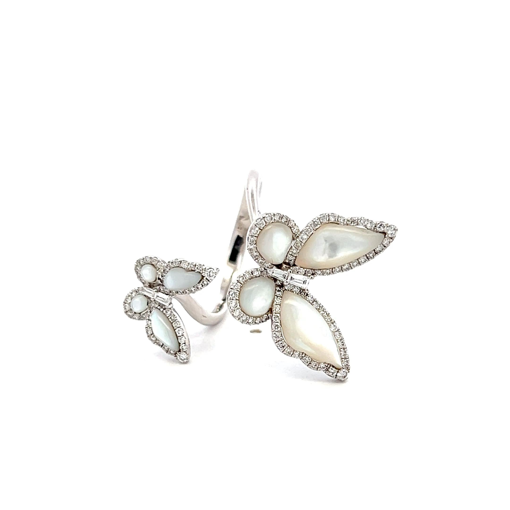 18K WG Butterfly Cocktail Ring 0.53ct Round & Tapered Baguette Diamonds Size 7