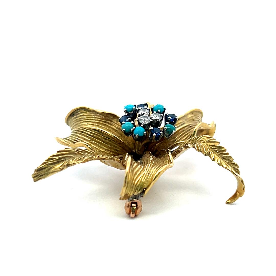 18K YG Pin Brooch with 0.09ct Diamonds 0.12ct Sapphires & 2.1 MM Turquoise