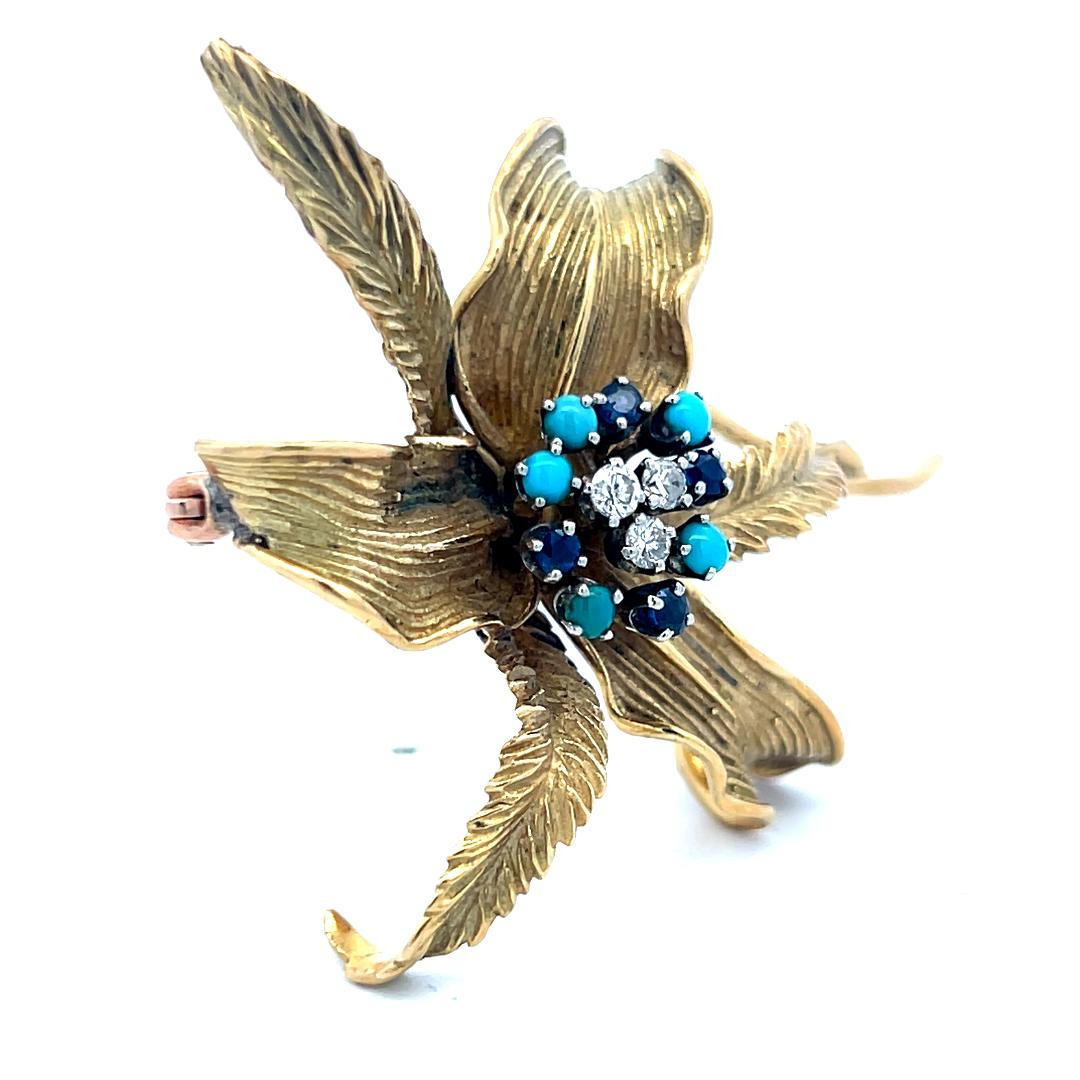18K YG Pin Brooch with 0.09ct Diamonds 0.12ct Sapphires & 2.1 MM Turquoise