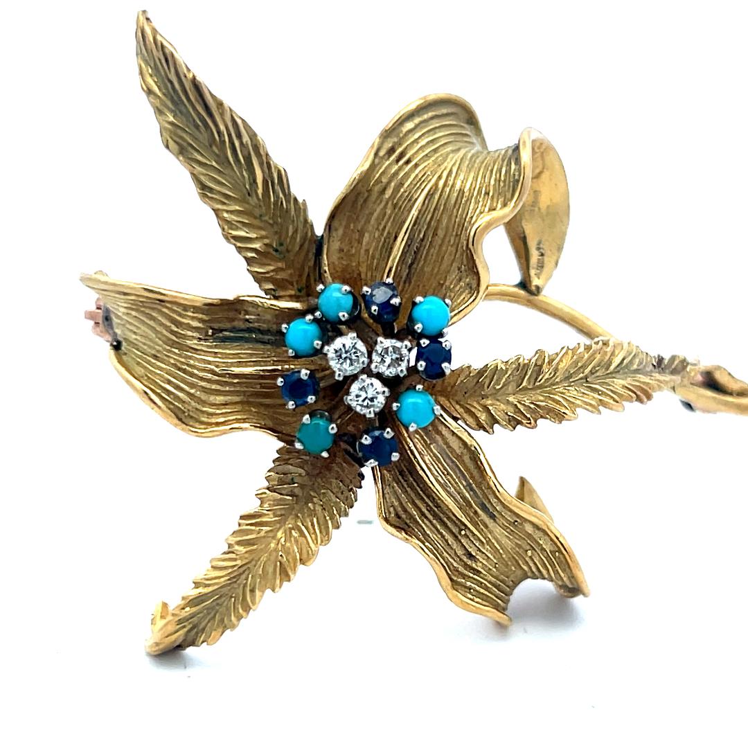 18K YG Pin Brooch with 0.09ct Diamonds 0.12ct Sapphires & 2.1 MM Turquoise