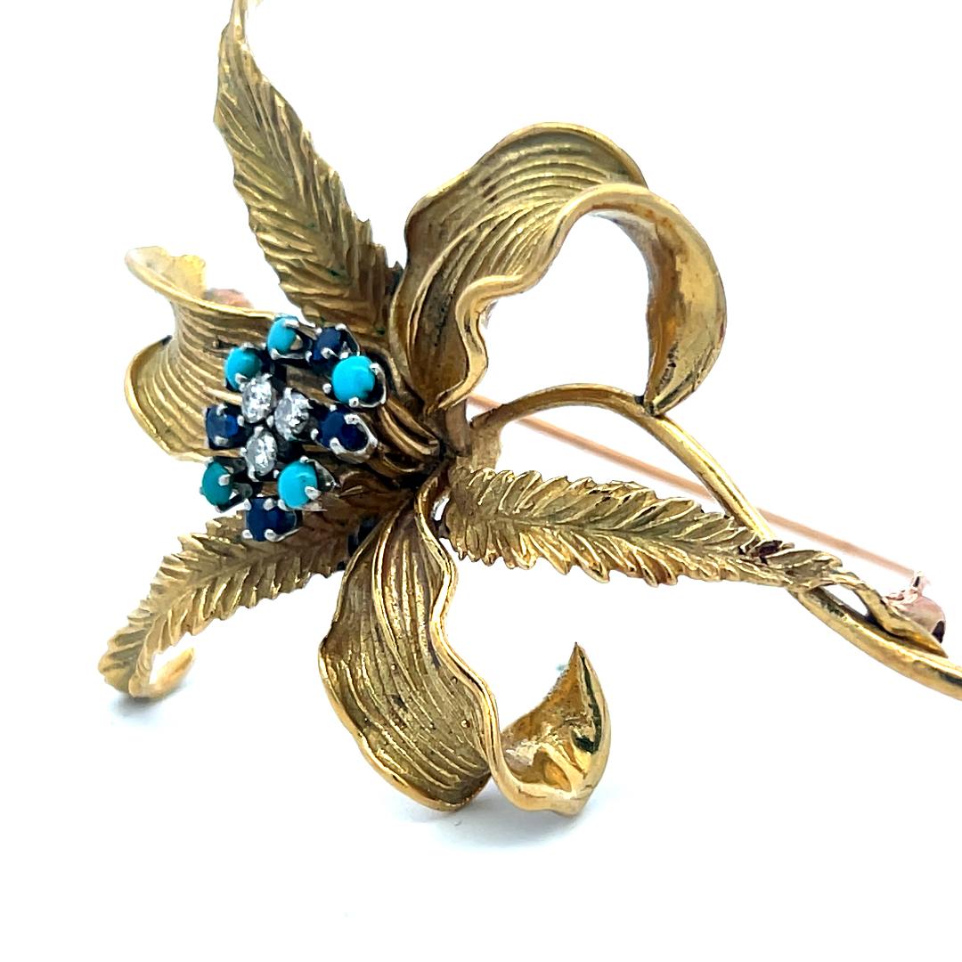 18K YG Pin Brooch with 0.09ct Diamonds 0.12ct Sapphires & 2.1 MM Turquoise