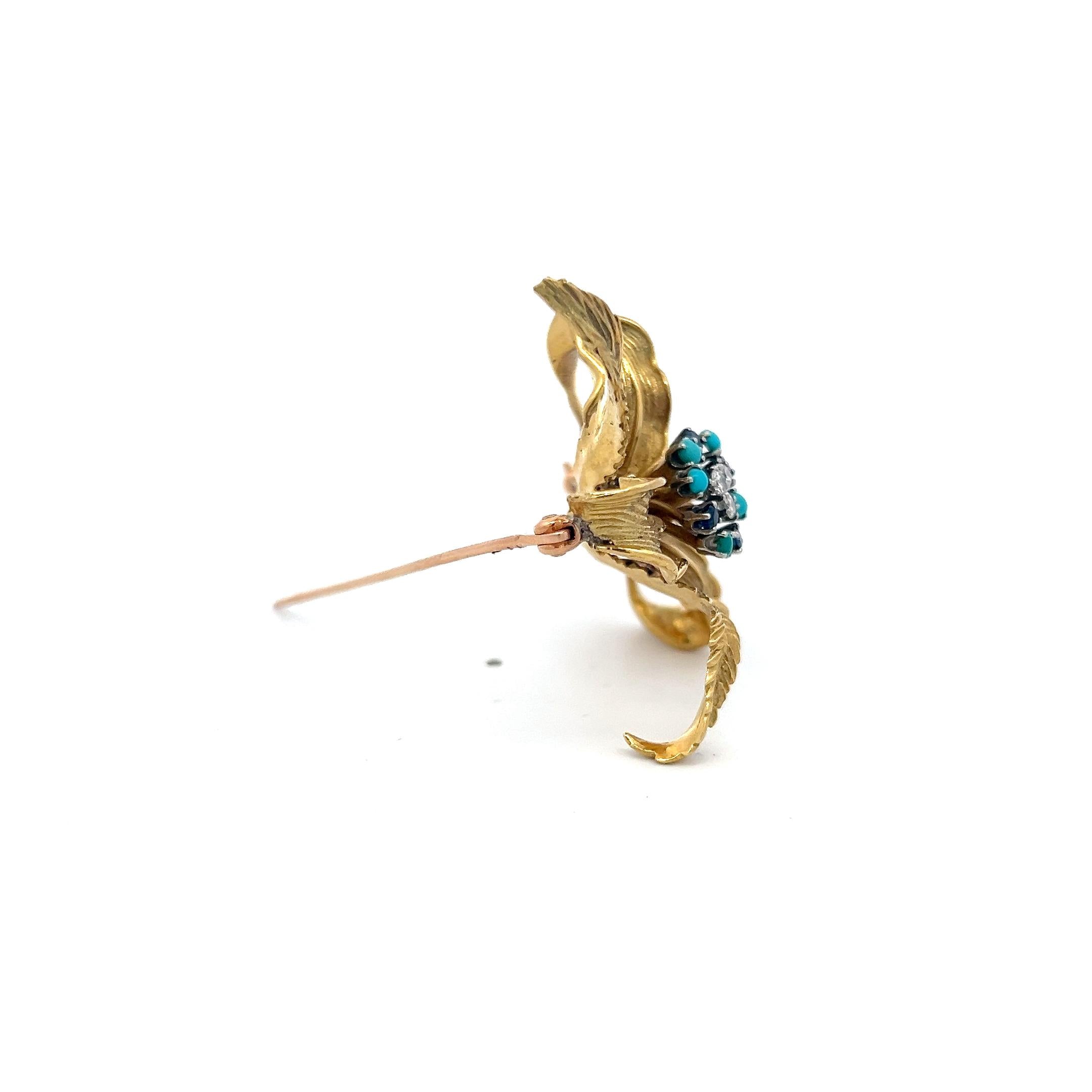 18K YG Pin Brooch with 0.09ct Diamonds 0.12ct Sapphires & 2.1 MM Turquoise