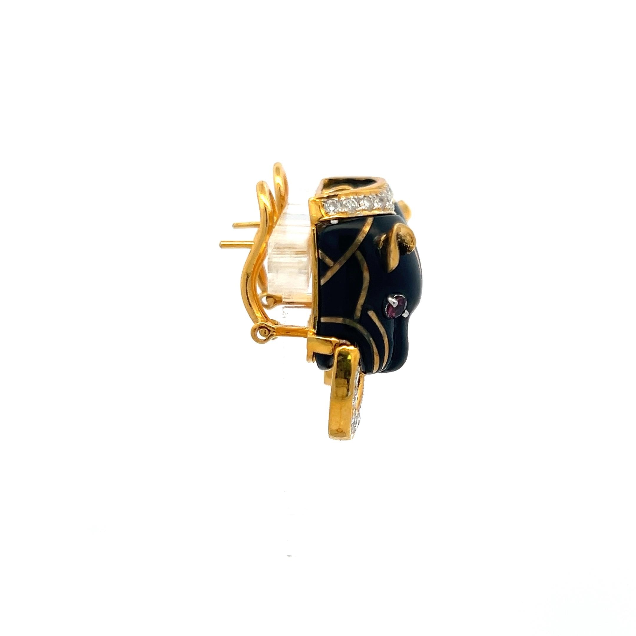 18K Gold Clip-On Earrings with Enamel 1.41 Carat Diamond and 0.25 Carat Ruby