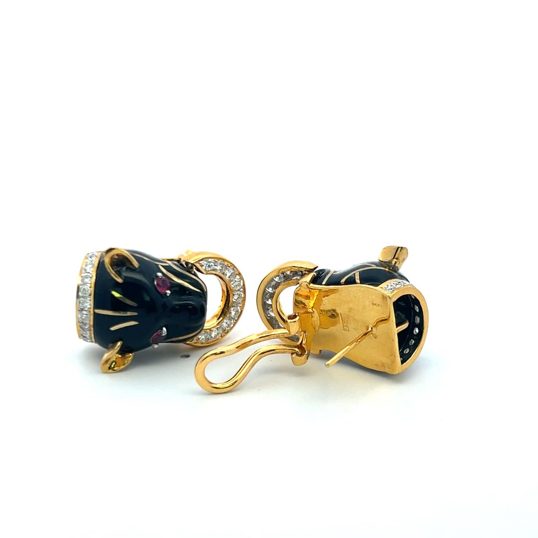 18K Gold Clip-On Earrings with Enamel 1.41 Carat Diamond and 0.25 Carat Ruby