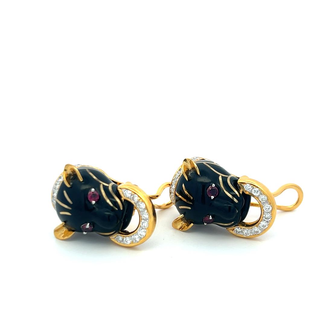18K Gold Clip-On Earrings with Enamel 1.41 Carat Diamond and 0.25 Carat Ruby