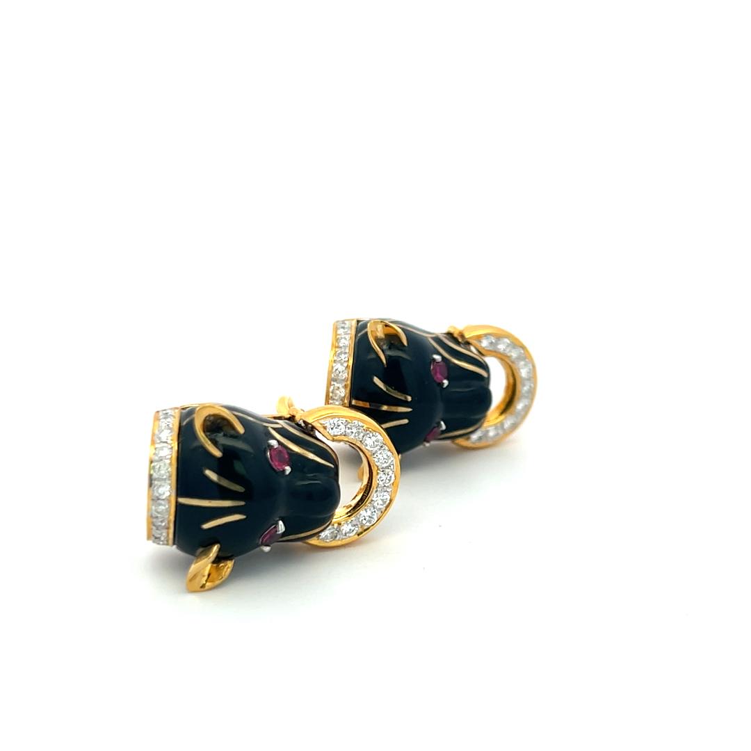 18K Gold Clip-On Earrings with Enamel 1.41 Carat Diamond and 0.25 Carat Ruby