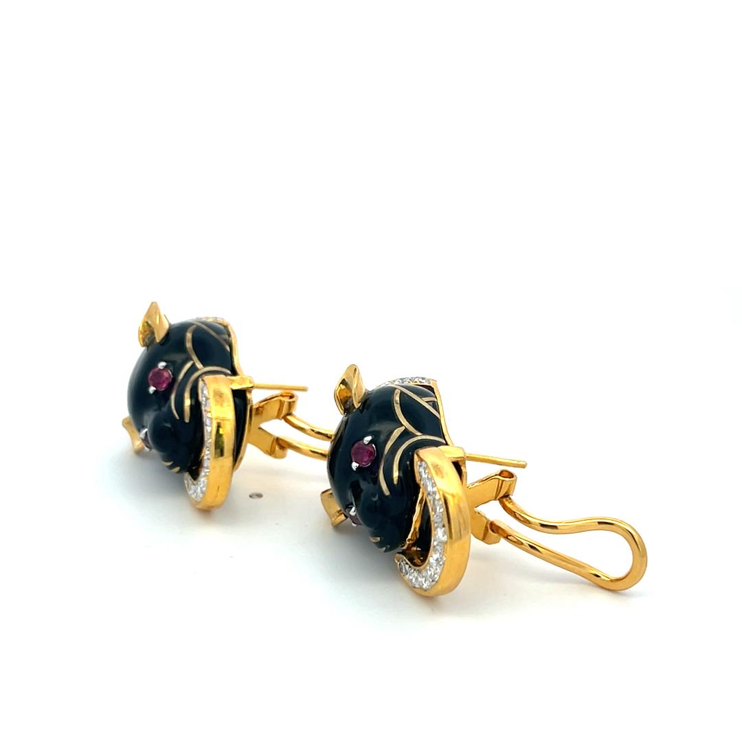 18K Gold Clip-On Earrings with Enamel 1.41 Carat Diamond and 0.25 Carat Ruby