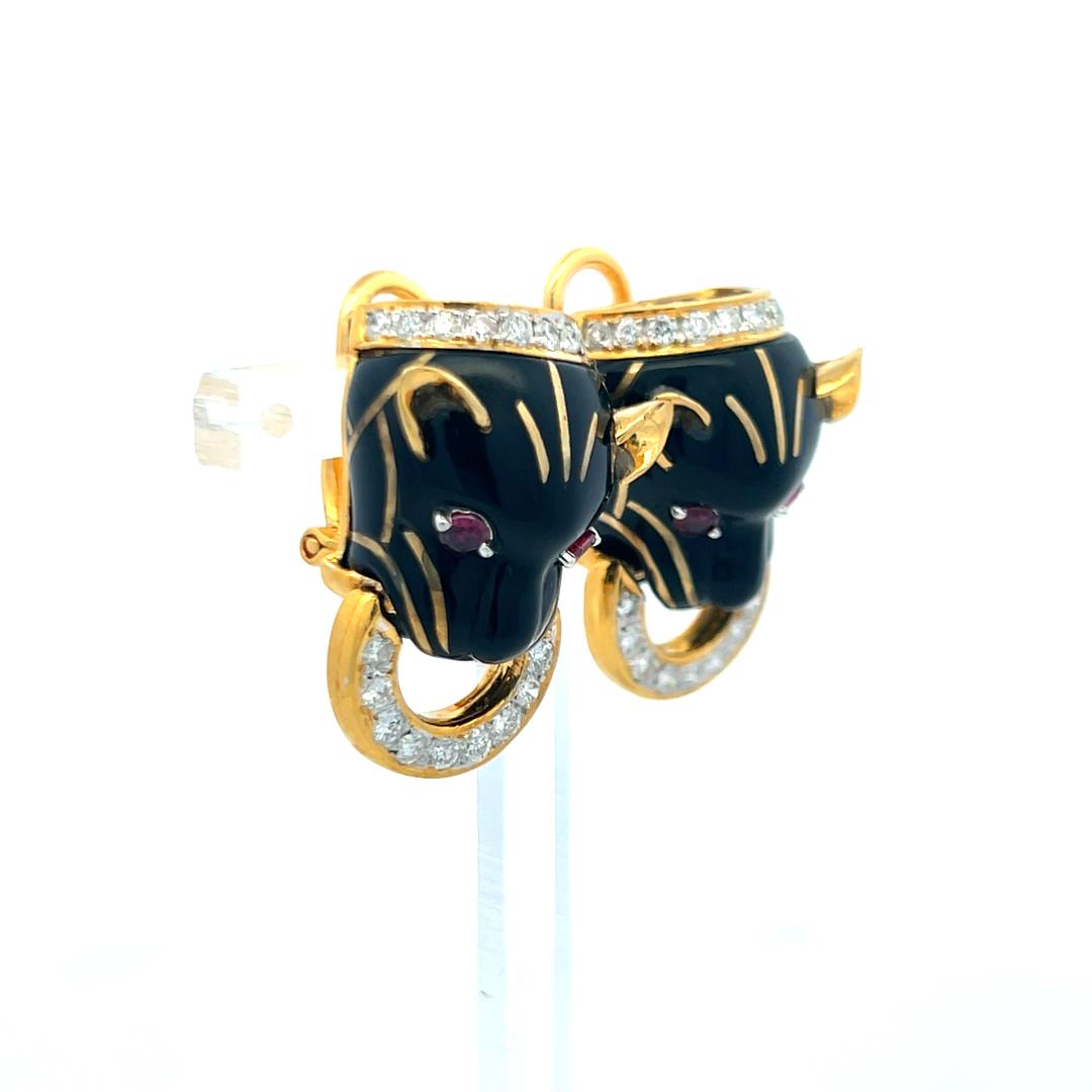 18K Gold Clip-On Earrings with Enamel 1.41 Carat Diamond and 0.25 Carat Ruby