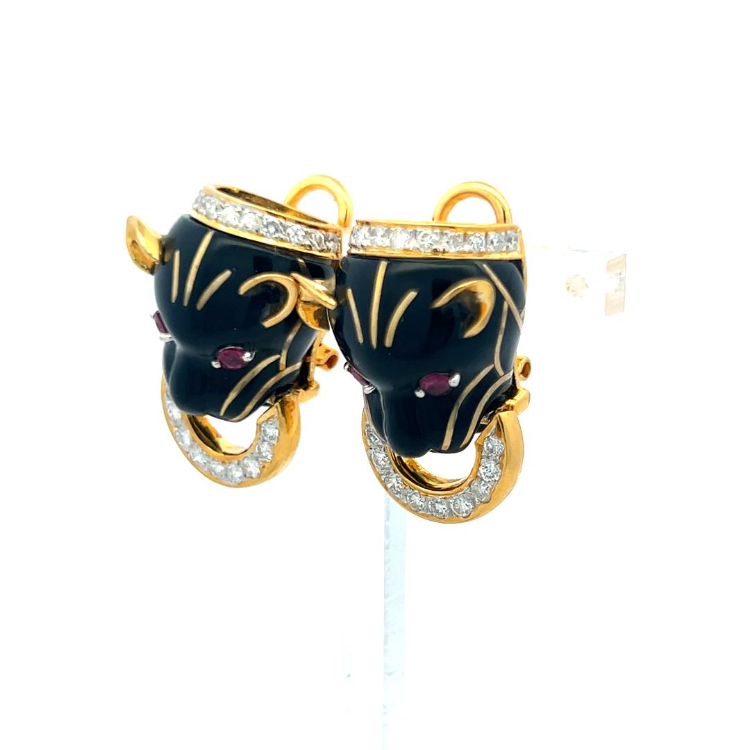18K Gold Clip-On Earrings with Enamel 1.41 Carat Diamond and 0.25 Carat Ruby