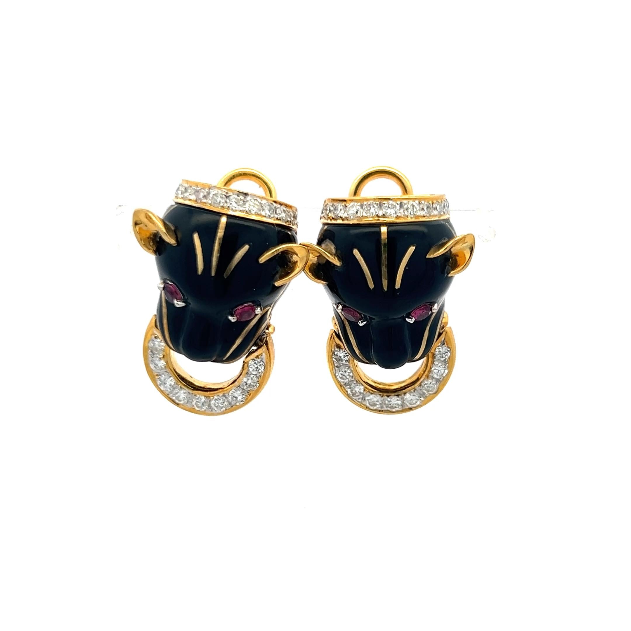 18K Gold Clip-On Earrings with Enamel 1.41 Carat Diamond and 0.25 Carat Ruby