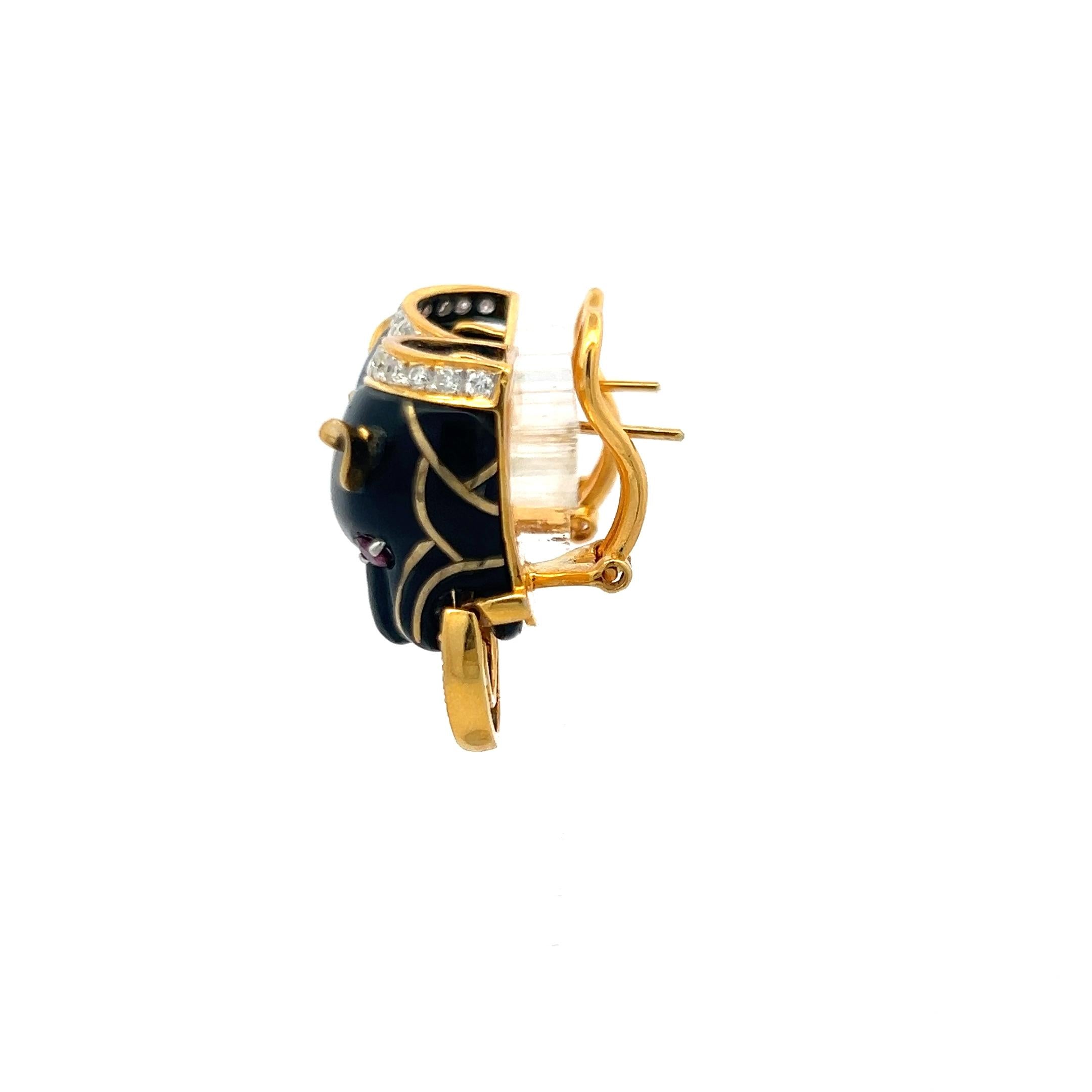 18K Gold Clip-On Earrings with Enamel 1.41 Carat Diamond and 0.25 Carat Ruby
