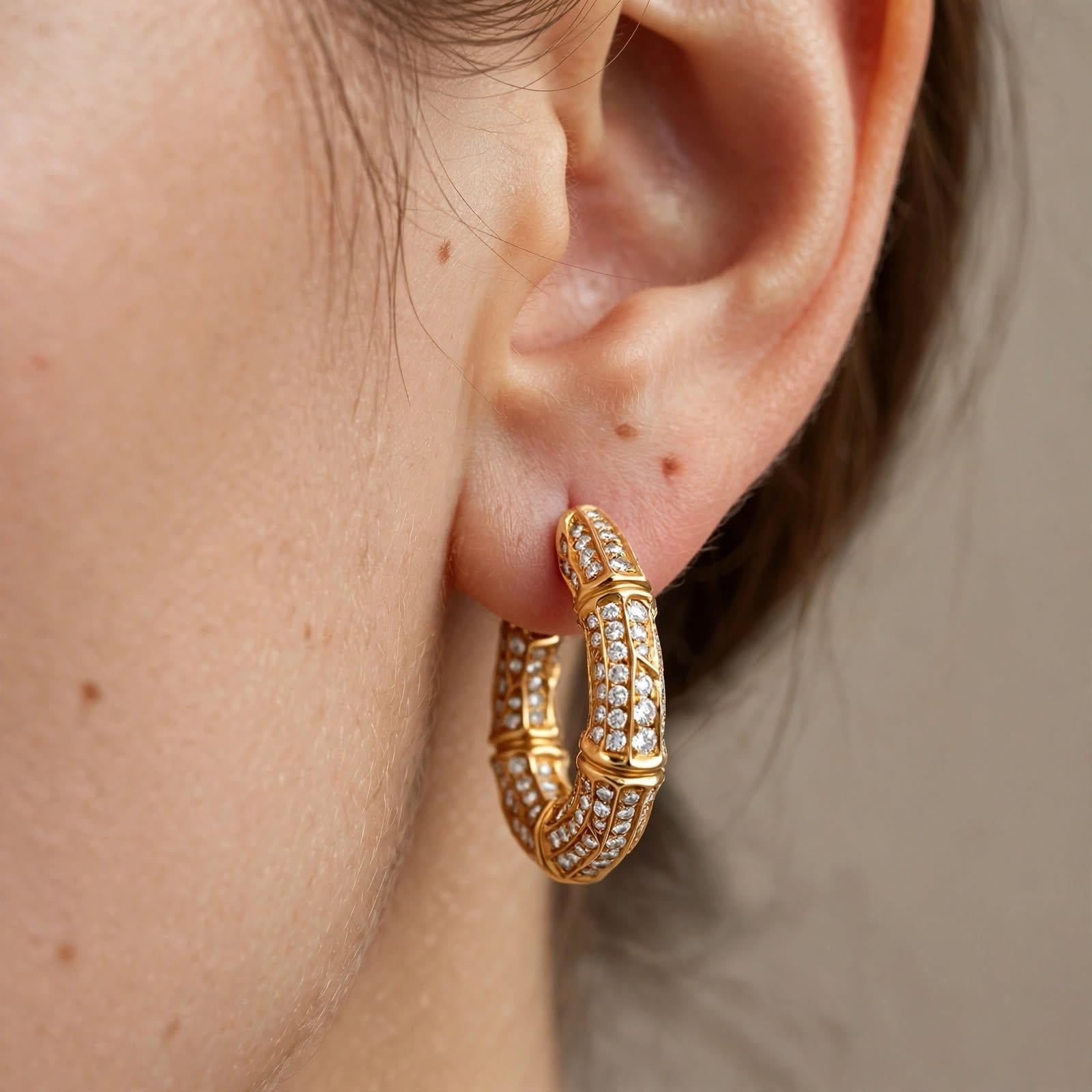 Cartier 18K Yellow Gold Hoop Earrings with 8 Carat Round F VS Diamonds