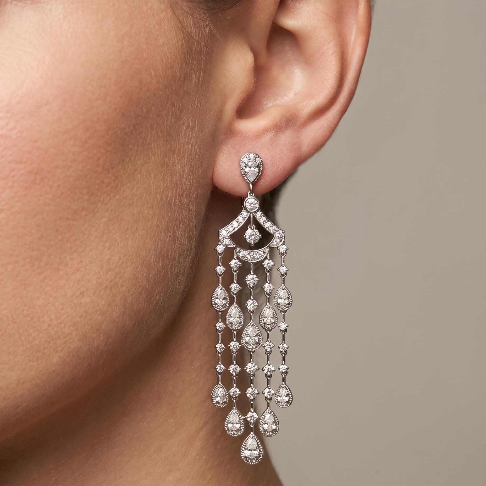 Vintage 18K White Gold Chandelier Earrings with 5.5 Carat Round & Pear Diamonds