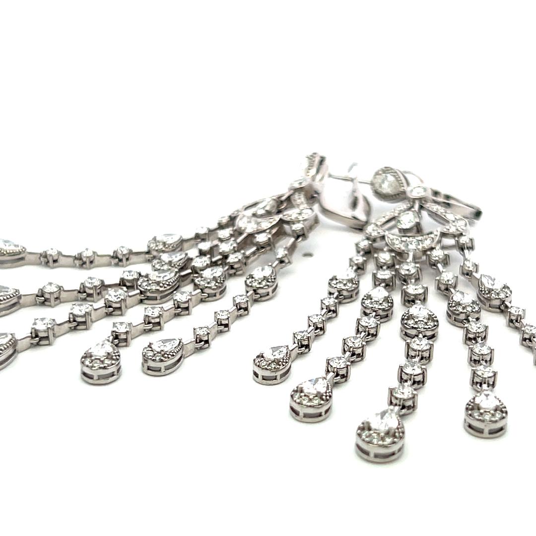 Vintage 18K White Gold Chandelier Earrings with 5.5 Carat Round & Pear Diamonds