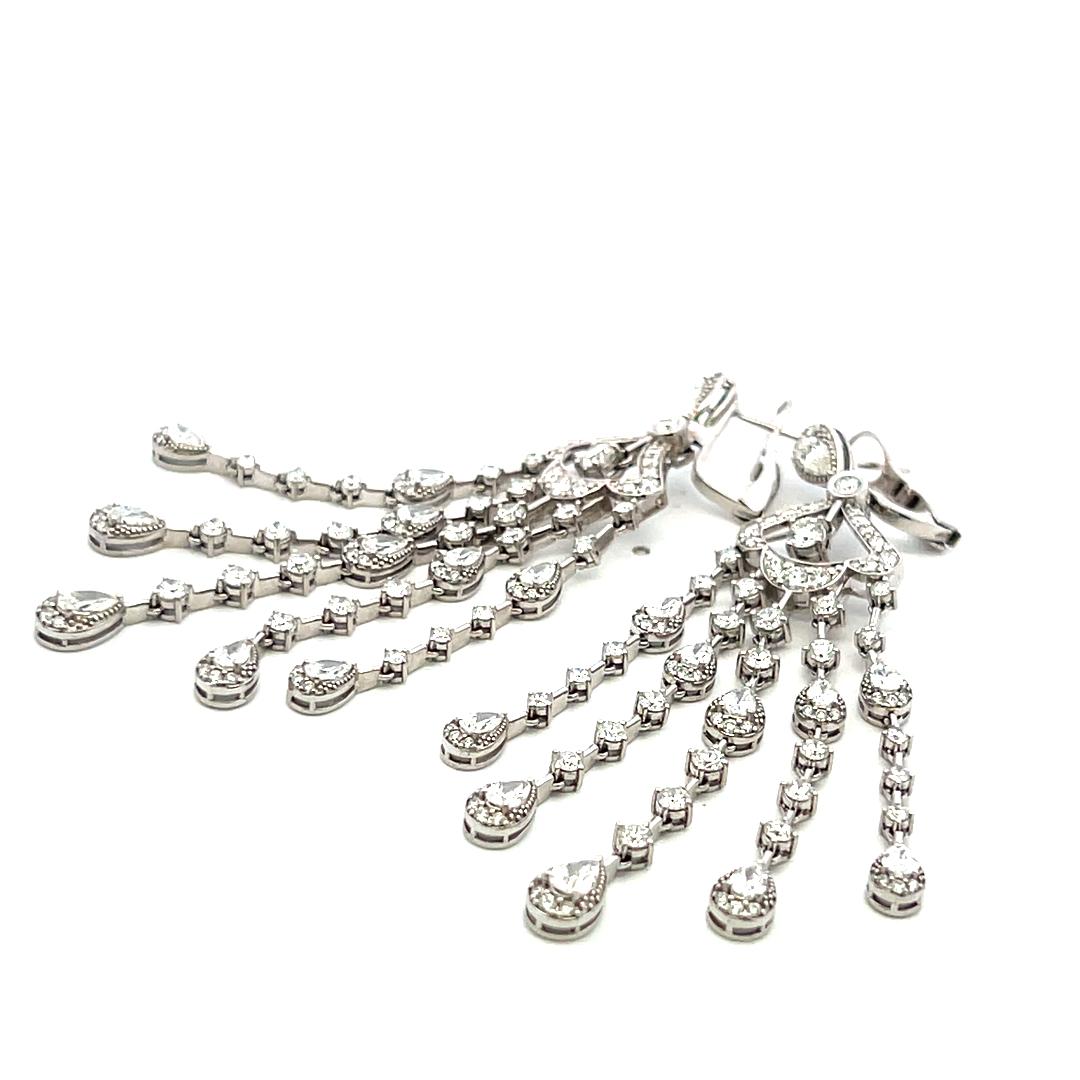 Vintage 18K White Gold Chandelier Earrings with 5.5 Carat Round & Pear Diamonds