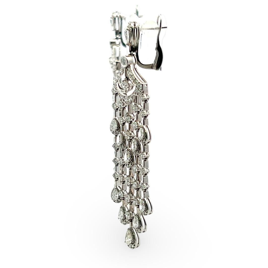 Vintage 18K White Gold Chandelier Earrings with 5.5 Carat Round & Pear Diamonds