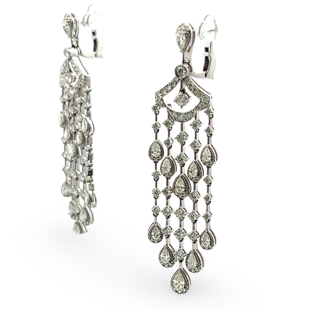Vintage 18K White Gold Chandelier Earrings with 5.5 Carat Round & Pear Diamonds