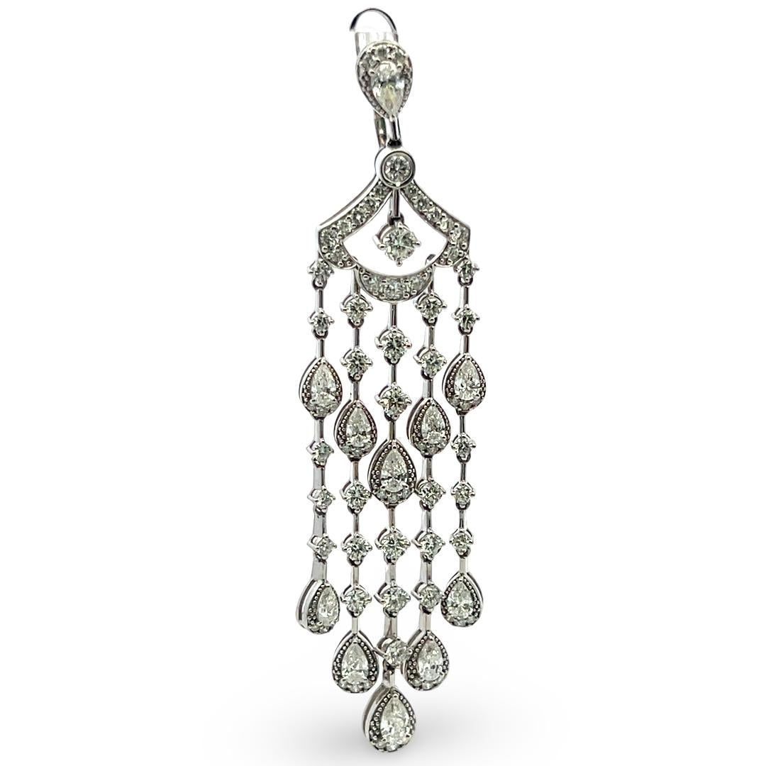 Vintage 18K White Gold Chandelier Earrings with 5.5 Carat Round & Pear Diamonds