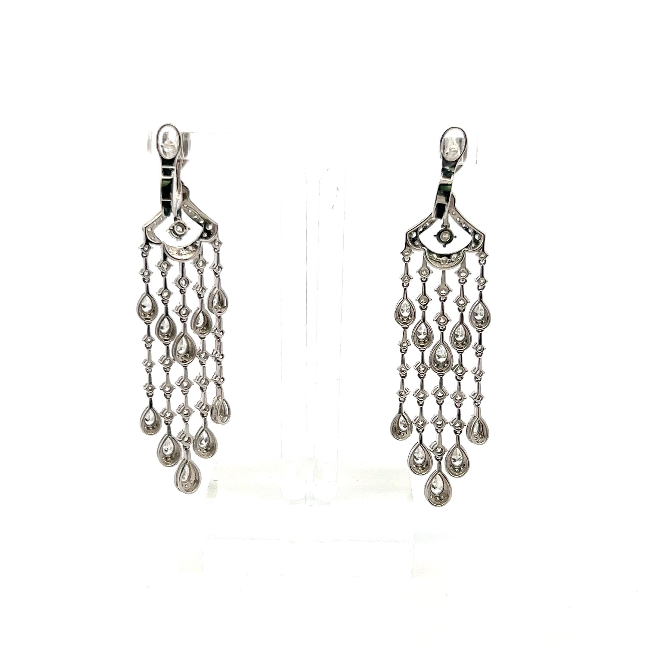 Vintage 18K White Gold Chandelier Earrings with 5.5 Carat Round & Pear Diamonds