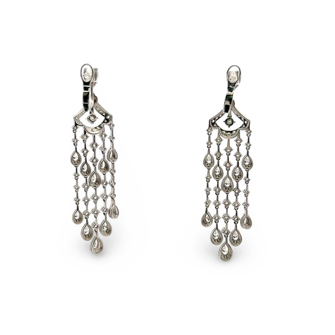 Vintage 18K White Gold Chandelier Earrings with 5.5 Carat Round & Pear Diamonds