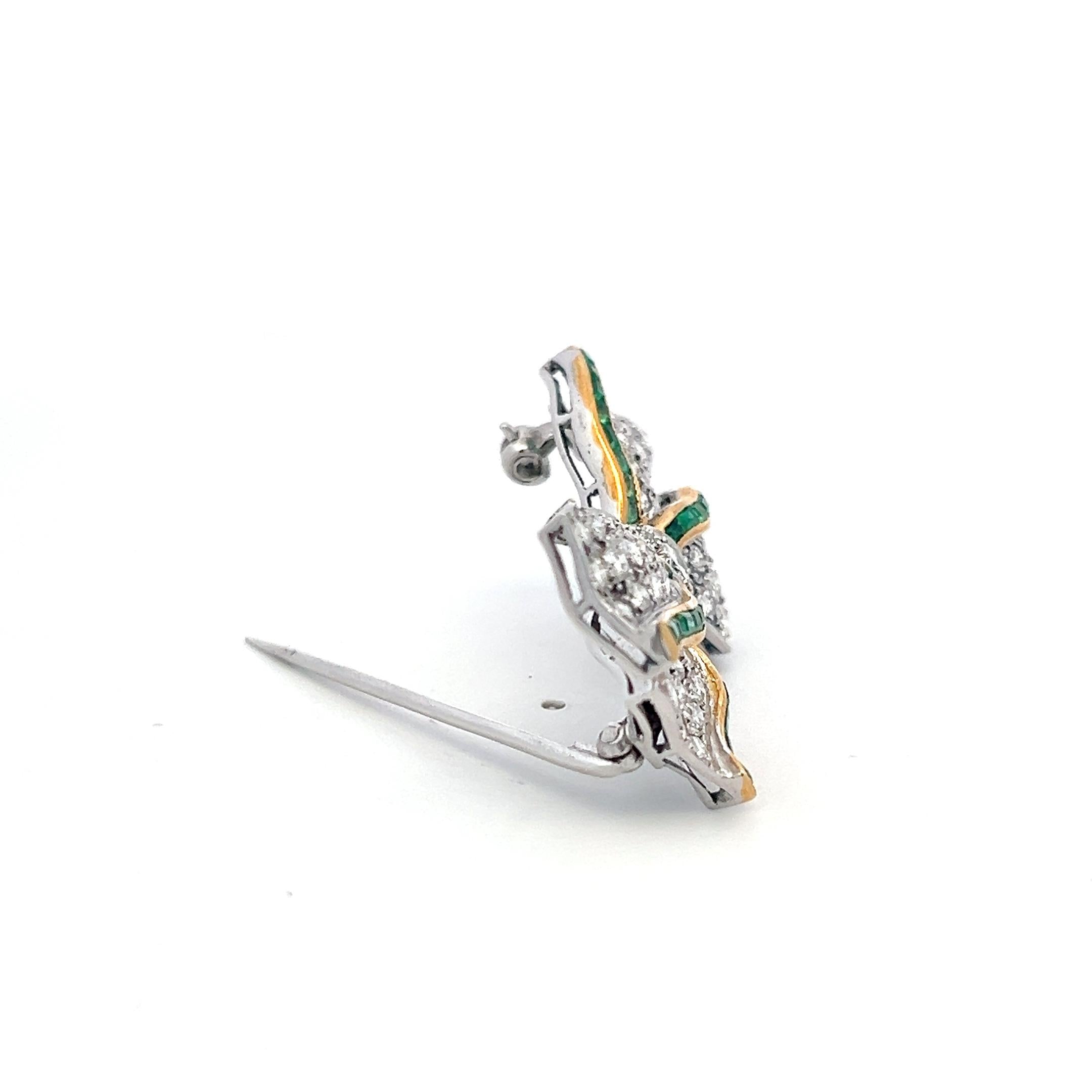 Estate 18K Two Tone Gold Bowtie Pin Brooch with 3ct Round Diamonds Emeralds