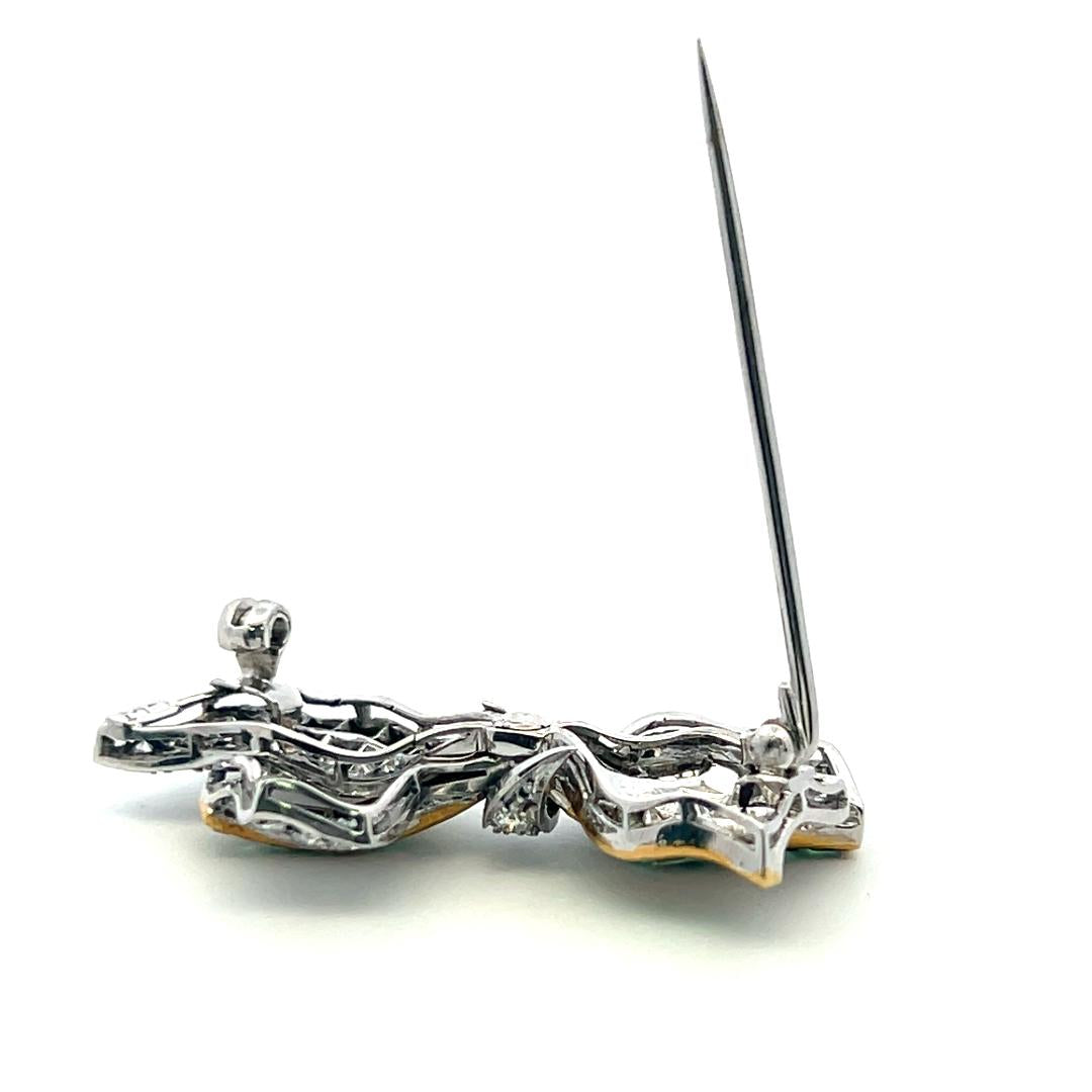 Estate 18K Two Tone Gold Bowtie Pin Brooch with 3ct Round Diamonds Emeralds