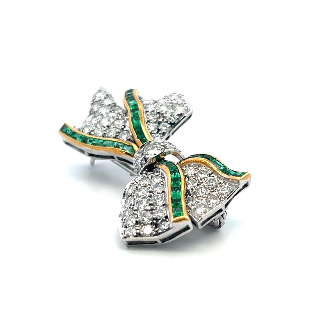 Estate 18K Two Tone Gold Bowtie Pin Brooch with 3ct Round Diamonds Emeralds