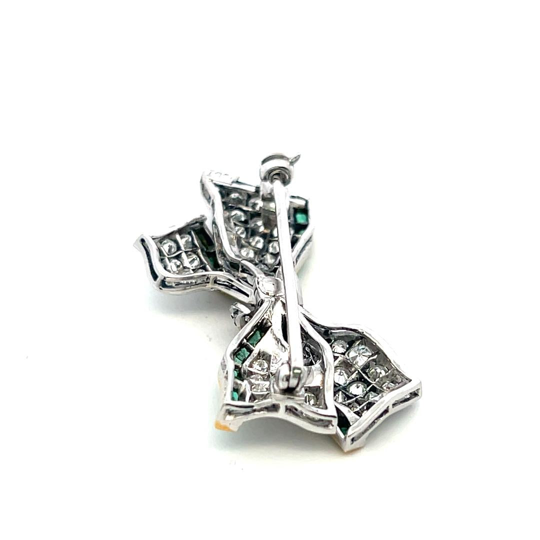 Estate 18K Two Tone Gold Bowtie Pin Brooch with 3ct Round Diamonds Emeralds