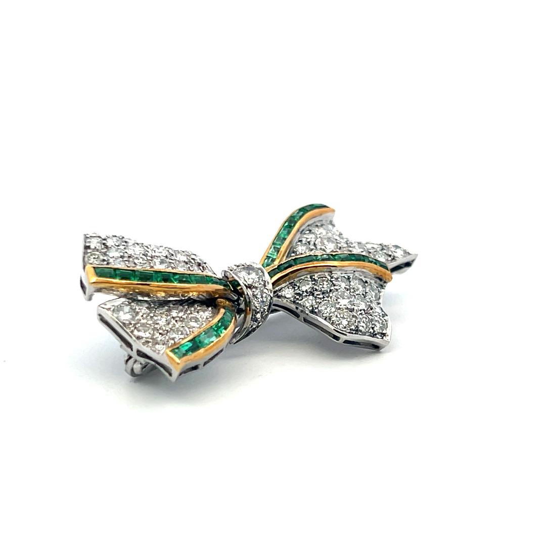 Estate 18K Two Tone Gold Bowtie Pin Brooch with 3ct Round Diamonds Emeralds