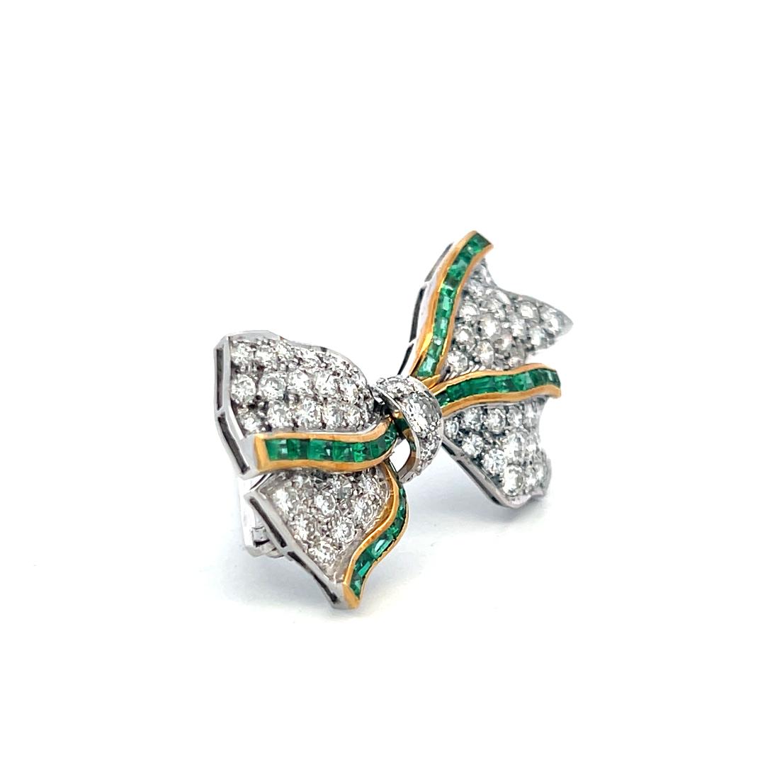 Estate 18K Two Tone Gold Bowtie Pin Brooch with 3ct Round Diamonds Emeralds