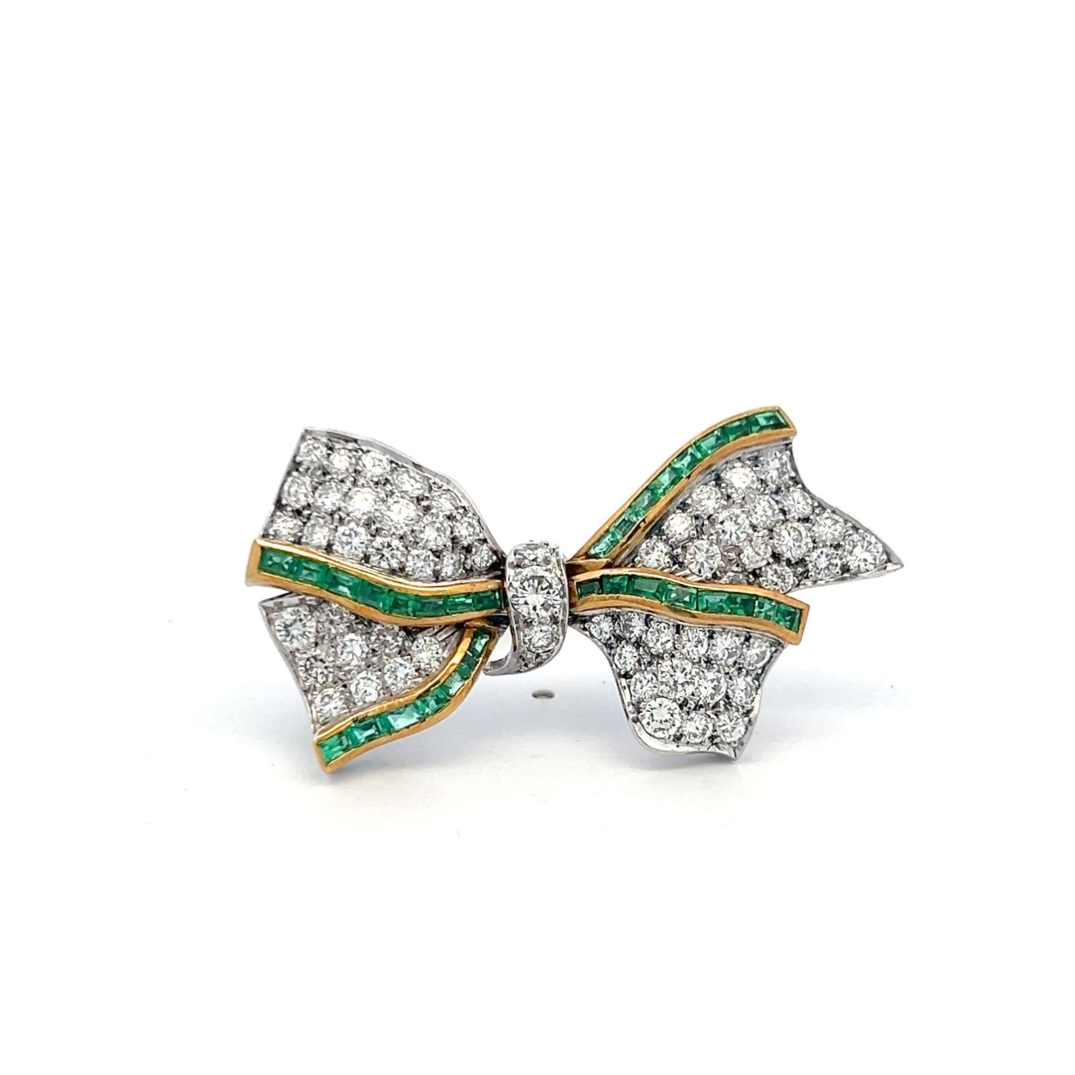 Estate 18K Two Tone Gold Bowtie Pin Brooch with 3ct Round Diamonds Emeralds