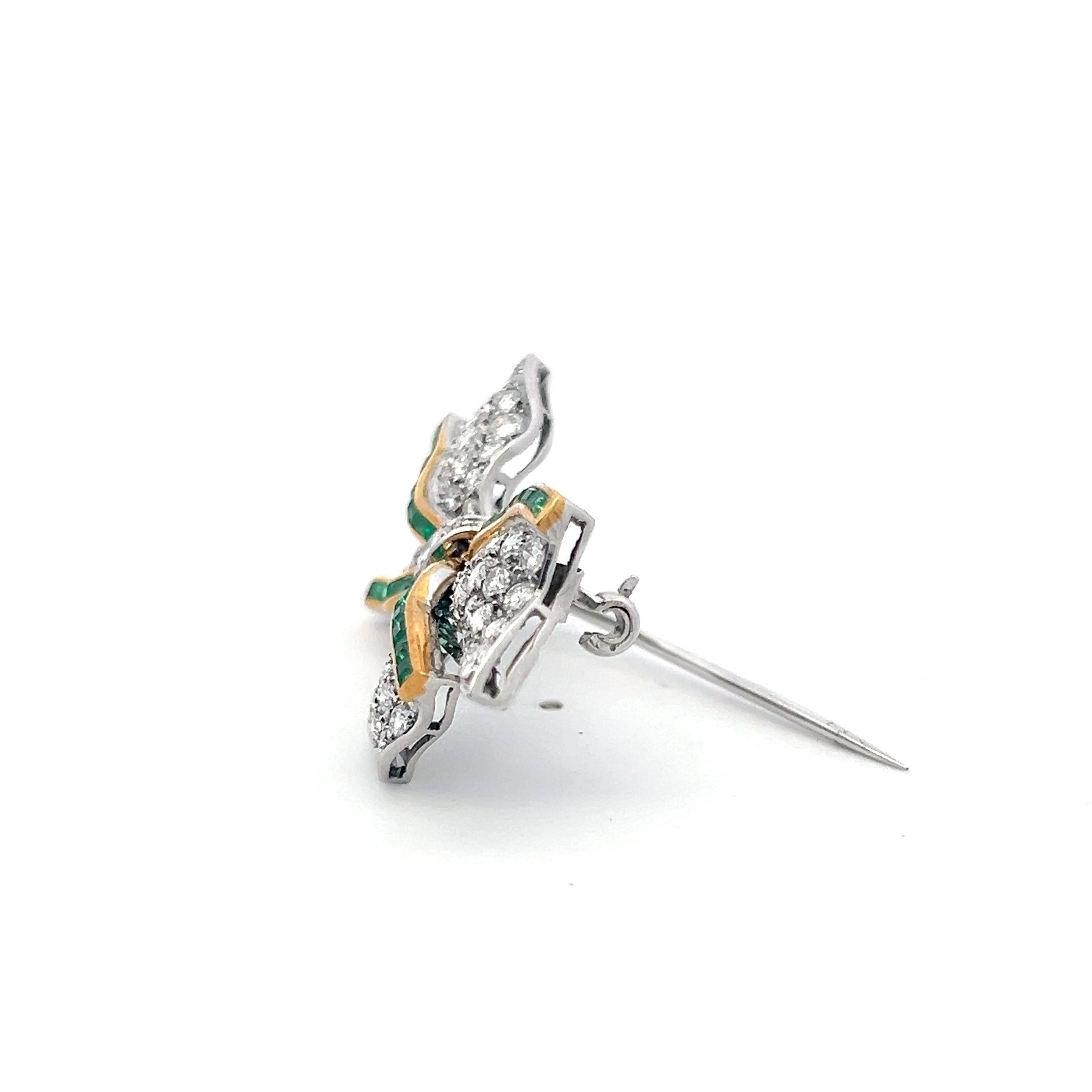 Estate 18K Two Tone Gold Bowtie Pin Brooch with 3ct Round Diamonds Emeralds
