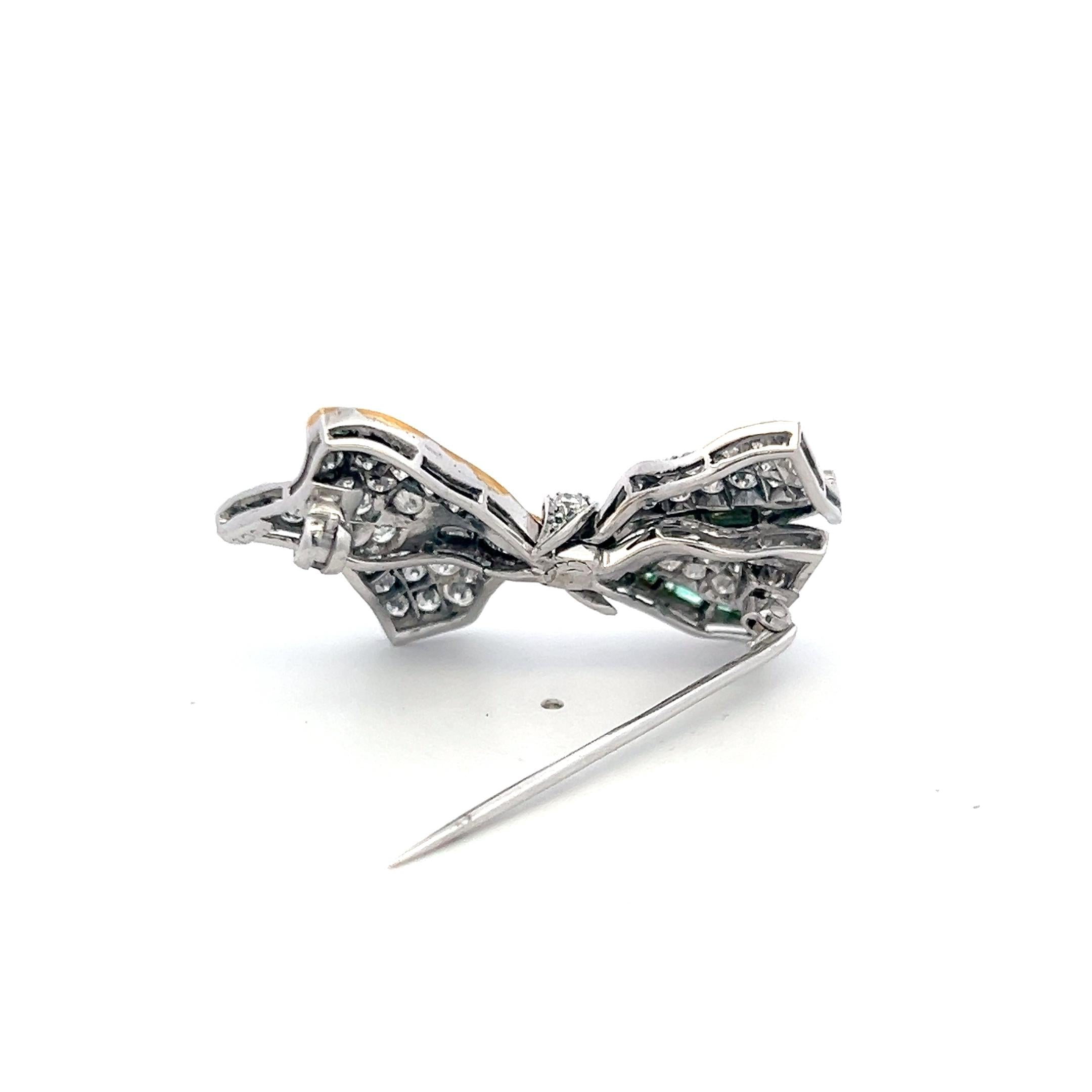 Estate 18K Two Tone Gold Bowtie Pin Brooch with 3ct Round Diamonds Emeralds