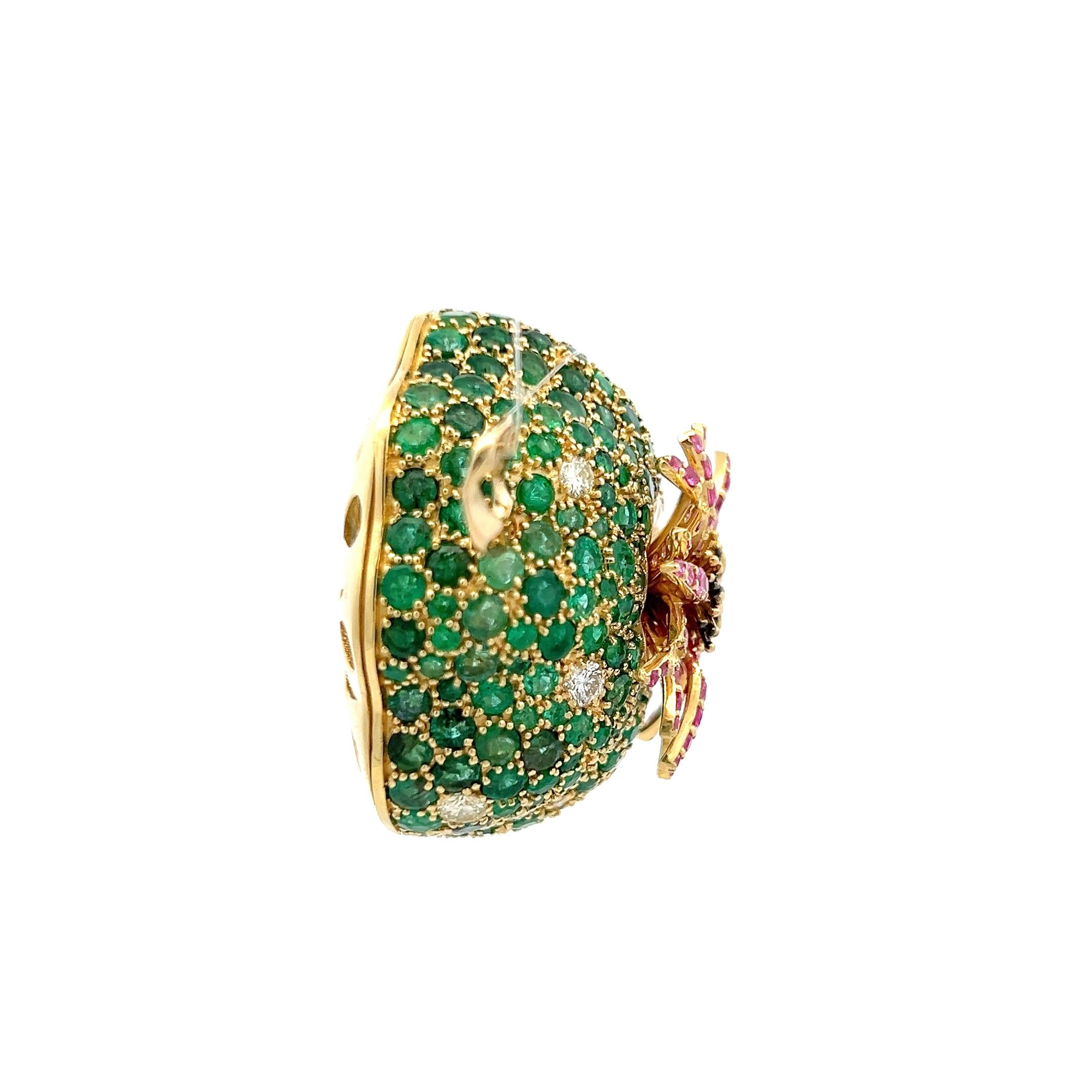 18K YG Pin Brooch with 1.3ct Round Diamonds 1.3ct Sapphire and 7.5ct Emerald