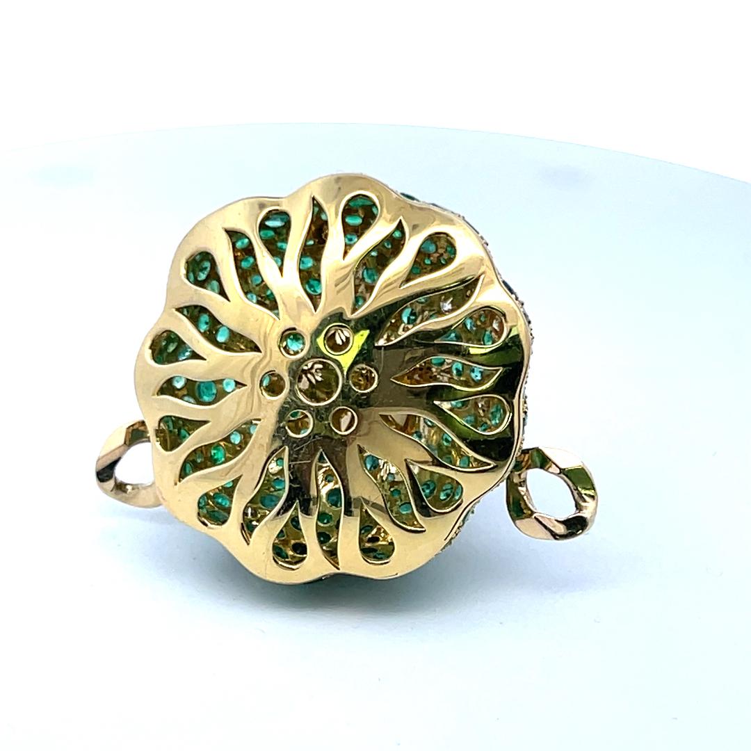 18K YG Pin Brooch with 1.3ct Round Diamonds 1.3ct Sapphire and 7.5ct Emerald